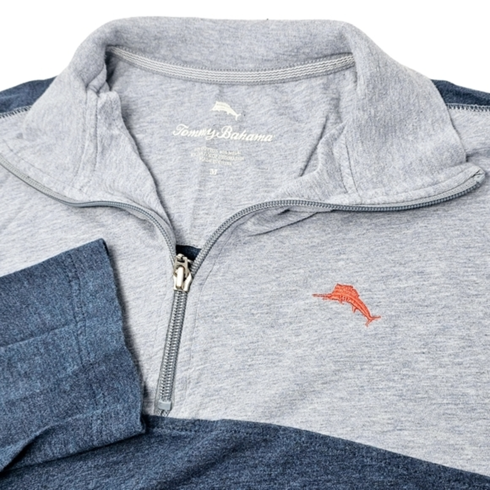 Tommy Bahama Performance 1/4 Zip Blue‎ Classic Pullover Lightweight Stretch Fish